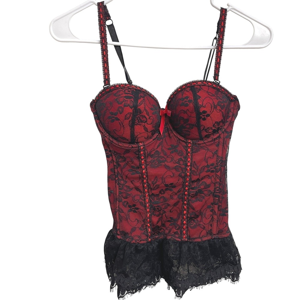 Seven 'til Midnight Red Black Lace Corset Bustier Top Boned Vamp Goth Boudoir M